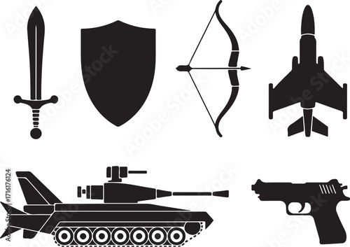 Military icons: tank, plane, sword, bow, shield, gun