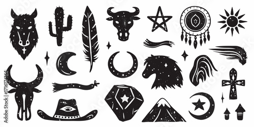 Collection of boho western and celestial icons with a textured grunge style