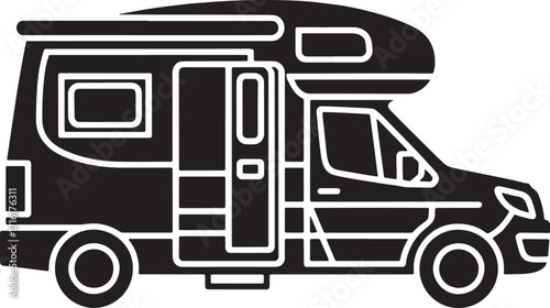 Black and White RV Camper Van Illustration for Road Trip Adventures and Outdoor Lifestyle Designs