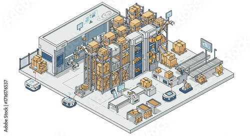 Isometric modern warehouse with automation and robotics for efficient logistics isometric style vector illustration