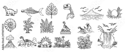 Prehistoric Dinosaurs Fossils Volcano and Nature Elements Collection black shape vector laser cutting engraving monochrome print