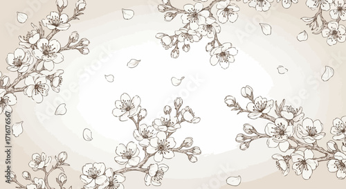 Delicate cherry blossoms in bloom with falling petals create an elegant and serene natural artistic background