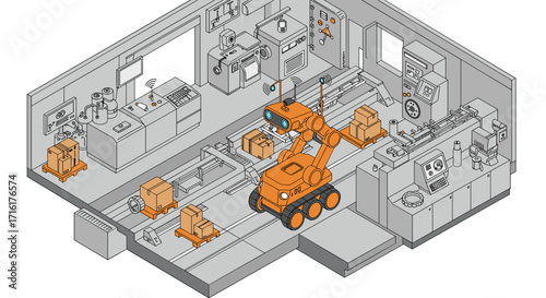 Automated warehouse robotics and ai technology in modern industrial setting isometric style vector illustration