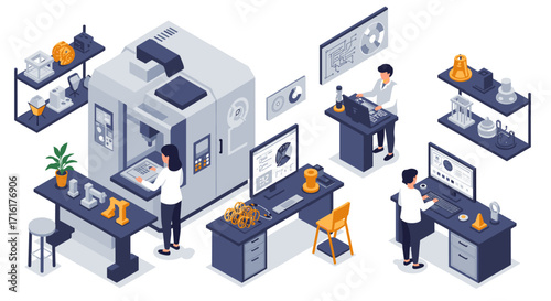 Advanced technology and 3d printing in modern manufacturing facility isometric style vector illustration