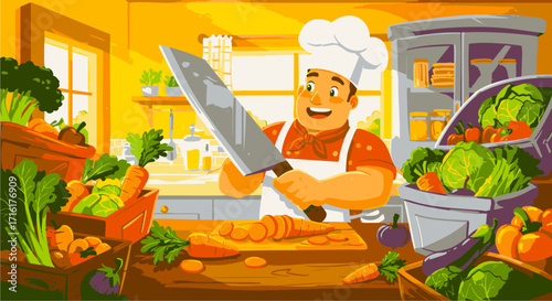 Happy Chef Prepares Fresh Vegetables in Bright Kitchen, Chopping Carrots with Large Knife, Surrounded by Greens