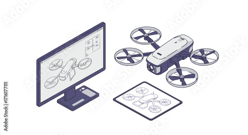 Isometric drone design on digital screen and tablet for engineering and innovation projects isometric style vector illustration