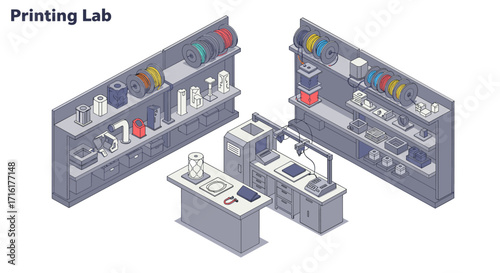 Modern printing lab design with equipment and supplies for 3d printing projects isometric style vector illustration