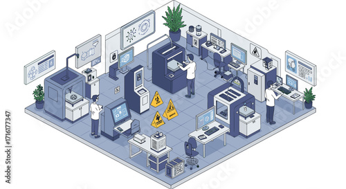 Modern laboratory with scientists conducting advanced research in high-tech environment vector illustration isometric