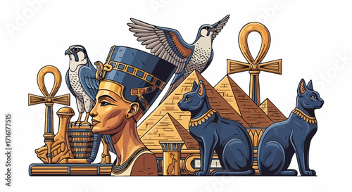 Discover ancient Egypt with iconic symbols like Nefertiti, pyramids, falcons, cats, and ankhs