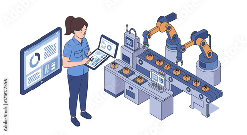 Automation and robotics in modern manufacturing: seamless integration of technology with human oversight vector illustration isometric