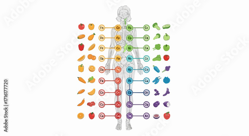 Nutritional science diagram showing fruits and vegetables linked to human body systems and nutrients