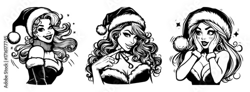 Set of Retro Christmas Pin-Up Girl Illustrations