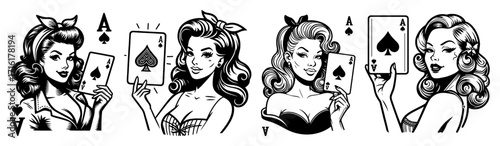 Pin Up Casino Girls with Playing Cards Poker Aces Illustration black shape vector laser cutting engraving monochrome print