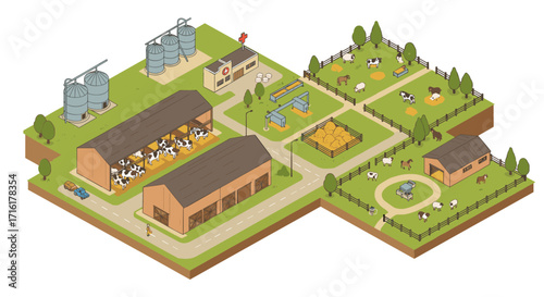 Isometric farm scene vector illustration: cattle and dairy farm layout for educational use