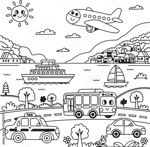Seamless pattern of transportation icons set with cars buses trains and trucks in cartoon vector design