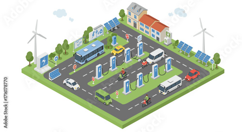 Isometric electric vehicle charging station with solar panels and wind turbines in urban setting