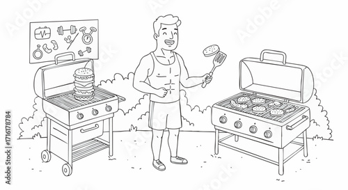 Happy athletic man grilling hamburgers at a backyard barbecue, balancing fitness and food in a fun cartoon line art illustration