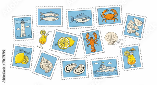 Delightful summer vacation stamp collection featuring seafood, citrus, and beach vibes