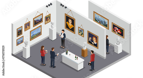 Art gallery exhibition with visitors exploring paintings and sculpture