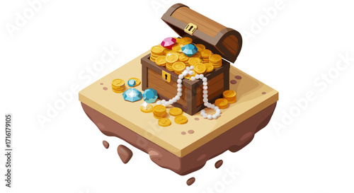 Floating island with treasure chest overflowing with gold coins and je