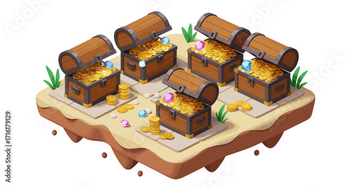 Treasure chests overflowing with gold and gems in floating isometric i