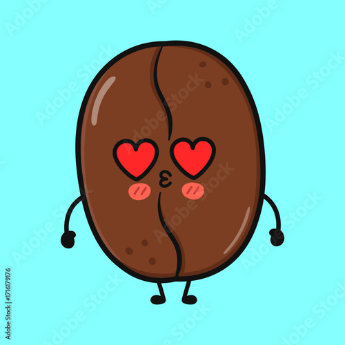 Cute coffee bean character with heart eyes and a kissing face on a blue background.