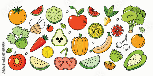Vibrant assortment of fresh fruits and vegetables hand drawn style for healthy eating