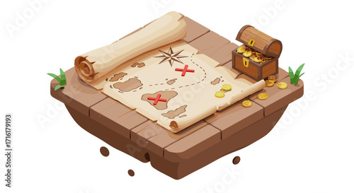 3d treasure map with chest on floating island platform