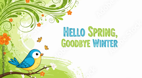 Charming blue bird welcomes spring with vibrant floral decorations and fluttering butterflies