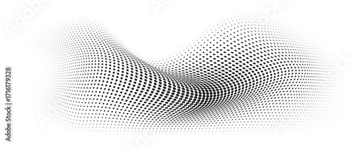 Flowing Wave Dot Halftone Pattern: Curve Gradient Shape on Transparent Background. Suitable for AI, Tech, Network, Digital, Science, and Technology Themes.
