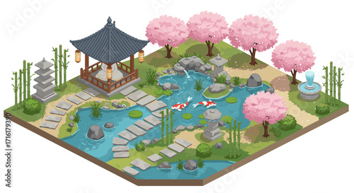 Serene japanese garden with cherry blossoms and koi pond in isometric