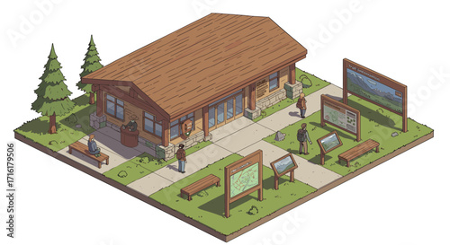 Isometric nature center with information boards and visitors in a wood