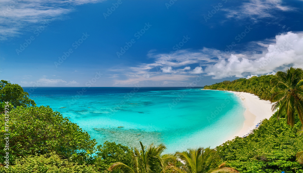 Fototapeta premium Idyllic Tropical Beach Cove with Crystal Clear Turquoise Water and Greenery ocean