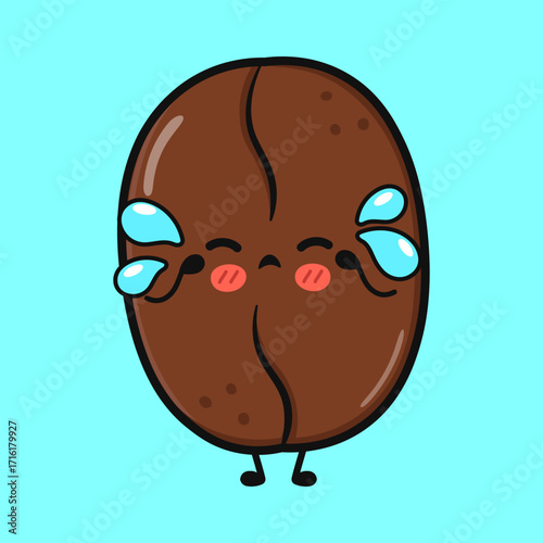 Cute coffee bean character crying with tears on a bright blue background.
