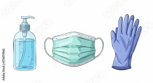 Essential protection kit hand sanitizer mask gloves for health and safety awareness