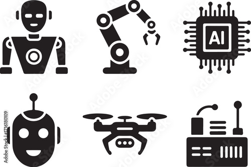 Robots, AI chip, drone, and tech icons
