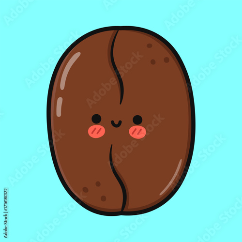 Cute coffee bean character with a happy expression on a light blue background.
