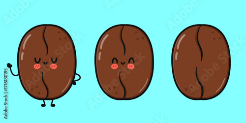Cute coffee beans with happy faces on a light blue background.