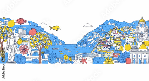 Vibrant coastal town illustration with lemon trees, sea life and Mediterranean architecture