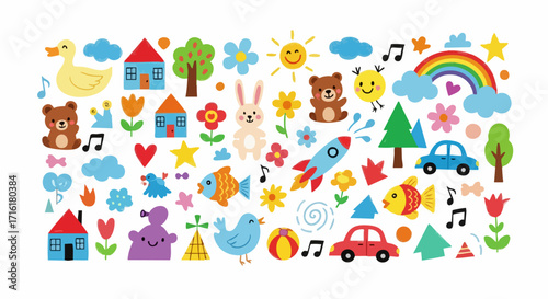 Vibrant collection of cute cartoon animals, houses, cars, and nature elements in playful crayon style