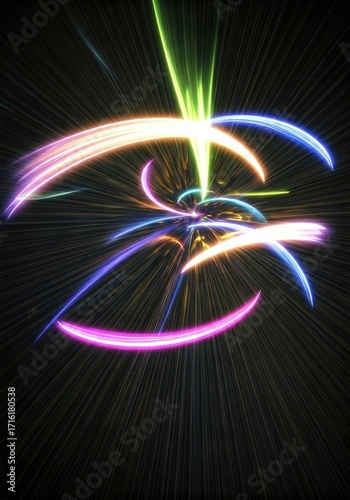 Abstract swirling neon light trails on dark background