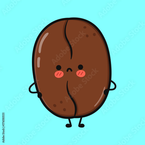 Cute coffee bean cartoon character with a sad expression on a blue background.