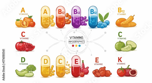 Discover essential vitamins A, C, D, E, K, and B12 with vibrant infographic illustrations of healthy foods.