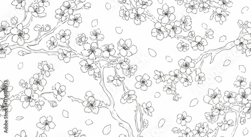 Elegant cherry blossoms bloom and gently fall, creating a delicate and serene natural pattern