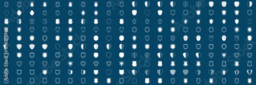 Shield icon set in vintage style. Protect shield security line icons. Badge quality symbol, sign, logo or emblem. Vector illustration	