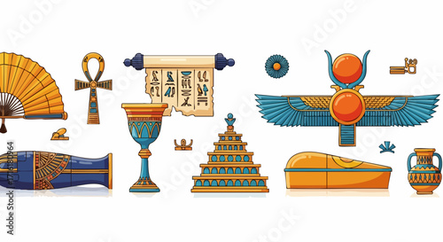 Ancient Egyptian artifacts including ankh, hieroglyphs, scarab, sarcophagus, and vase