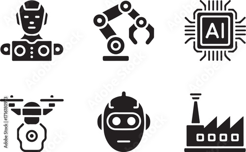 Modern tech icons robots AI drone factory automation concepts