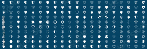 Shield icon set in vintage style. Protect shield security line icons. Badge quality symbol, sign, logo or emblem. Vector illustration	