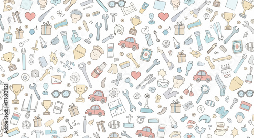 Whimsical doodle pattern featuring cars, tools, hearts, and trophies for a playful, creative vibe.
