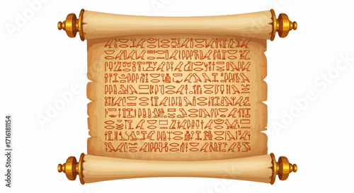 Ancient Egyptian hieroglyphic scroll with golden rollers, revealing historical secrets and wisdom.